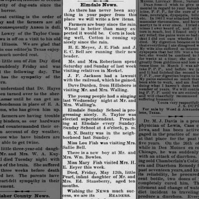 Birth notice, "a new boy at Mr. and Mrs. Wm. Bowles", 1893, Elmdale, Texas