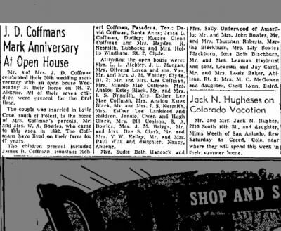 Lydia Mae Bowles — "J. D. Coffmans Mark Anniversary at Open House", 5 Aug 1951, Abilene Reporter-News