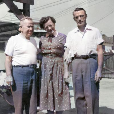 Restored and colorized (AI-assisted) — William Anderson Bowles, 1956 snapshot, Bill/Iona/Debbs