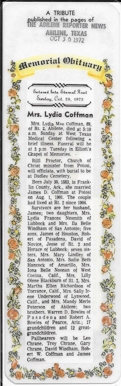 Obituary of Lydia Mae (Bowles) Coffman, 30 Oct 1972, Abilene Reporter-News