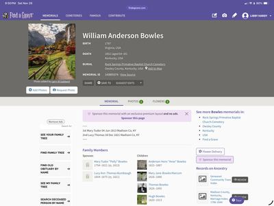 Find a Grave memorial of William Anderson Bowles (1787–1852), Owsley County, Kentucky