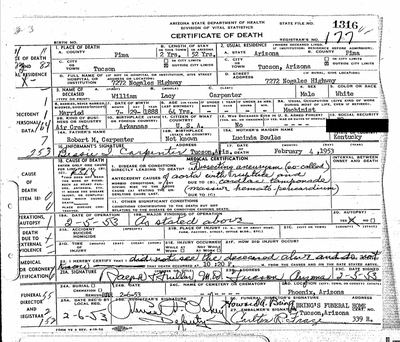 William Lacy Carpenter (son of Lucinda Bowles Carpenter) — Arizona death certificate, Pima County 1953