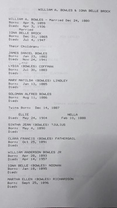 William A. Bowles & Iona Belle Brock — family record typescript, page 1 (G4)