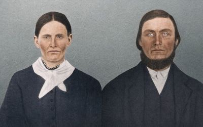 Restored and colorized with AI from the original, undated. Colours are a best guess. James Daniel and Lydia Williams Bowles (Earl's 3rd great-grandparents).