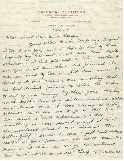 Letter from her daughter on Iona's death, 21 Jul 1947, Amarillo, Texas