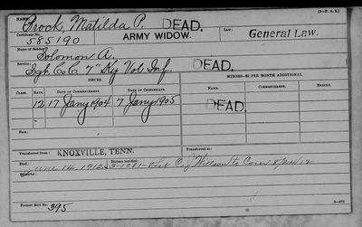 VA pension payment card — Matilda P. Brock, Army widow of Solomon A. Brock (cert. 585,190), 17 January 1904 (commenced) / 7 January 1905 (certificate) / 14 June 1912 (died)