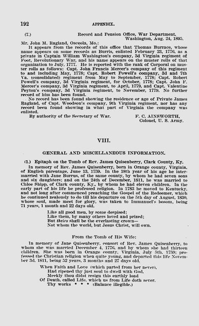 Epitaph of Jane (Burris) Quisenberry, 1811, Clark County, Kentucky (Quisenberry Memorials p.192)