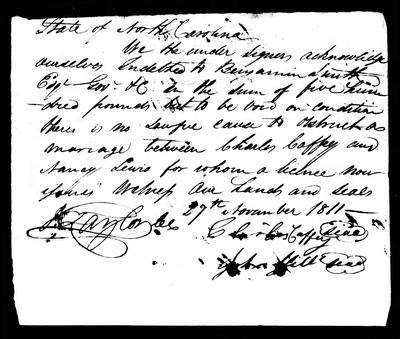 Marriage bond of Charles Caffey and Nancy Lewis, 27 Nov 1811, North Carolina