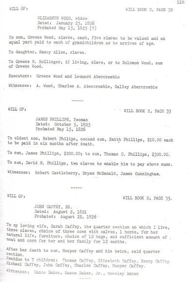 Will-book abstract page 110, probated 22 Aug 1826, via Helm/Caffey Family Tree (Ancestry 119936132), shared by Erin Caffey — page 110