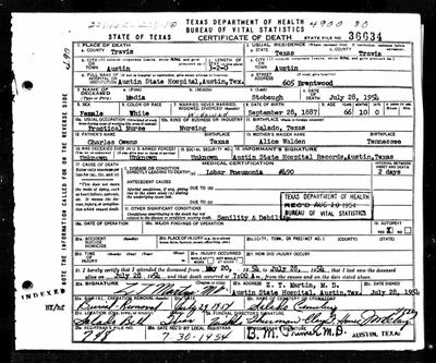 Media Owens Stobaugh — Texas Death Certificate, 1954