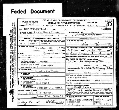 Robert Henry Turner (husband of Margie Idella Montgomery Turner) — Texas death certificate, near Pflugerville 1929