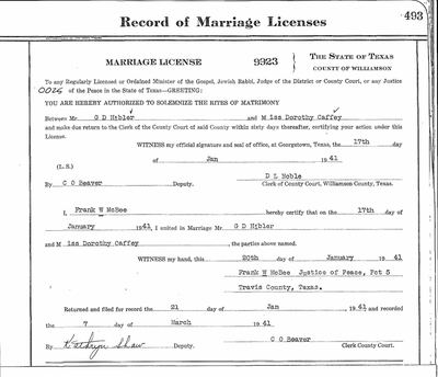 Williamson County, Texas, Record of Marriage Licenses, page 493, no. 9923 (Ancestry, "Texas, U.S., Select County Marriage Records, 1837–1965", record 924752564) · S1782 — page 493