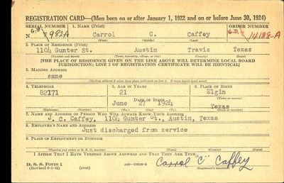 Carrol C. Caffey (twin of Harrol B. Caffey) — Second World War draft card, Austin 1945, front