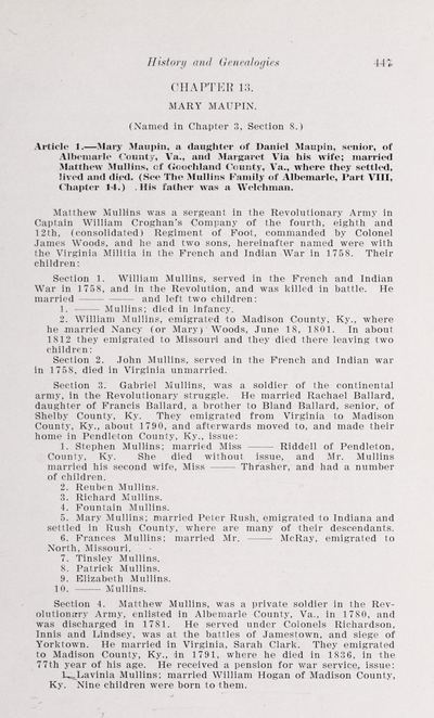 W. H. Miller, History and Genealogies of the Families of Miller, Woods, Harris, Wallace, Maupin, Oldham, Kavanaugh and Brown (1907) — page 447