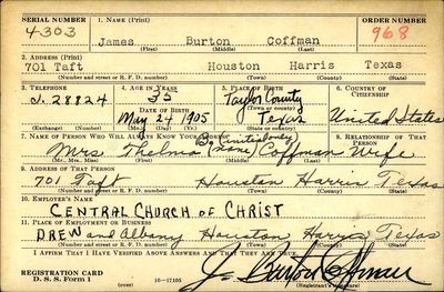 James Burton Coffman — WWII draft registration card, Houston, 1940