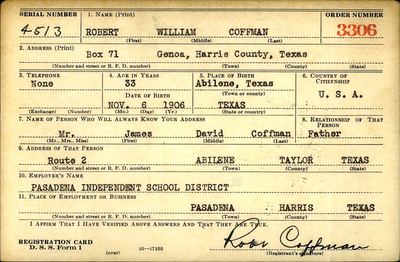 Robert William Coffman — WWII draft registration card, Genoa, 1940