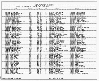 Otice Bruce Coffman — Texas birth index, 1947