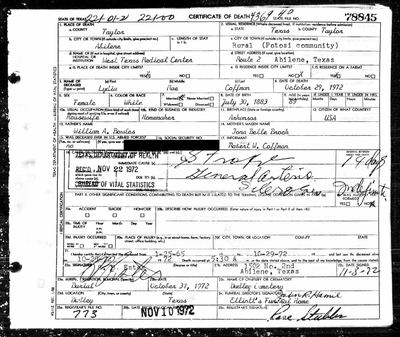 Lydia Mae (Bowles) Coffman — Texas death certificate 78845, 1972