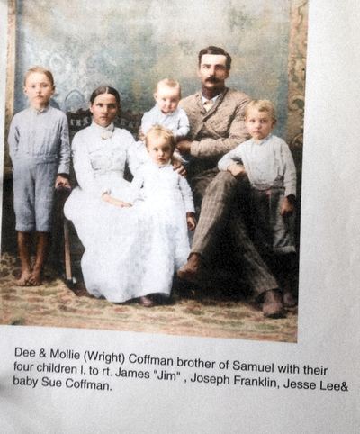 Restored and colorized (AI-assisted); faces are the original photo, colours are a best guess. Dee and Mollie (Wright) Coffman with their children, about 1888.