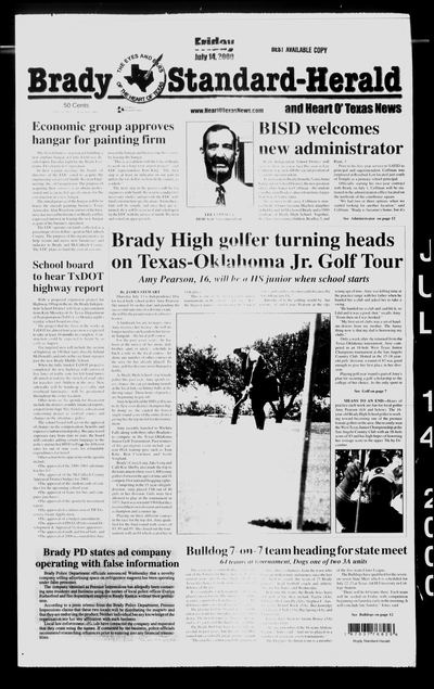 Page 1 of Brady Standard-Herald and Heart O' Texas News (Brady, Tex.), 14 July 2000