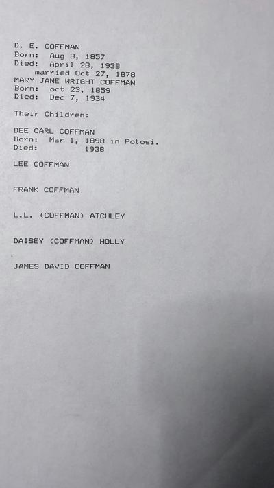 D. E. Coffman & Mary Jane Wright — family record typescript (G4), undated