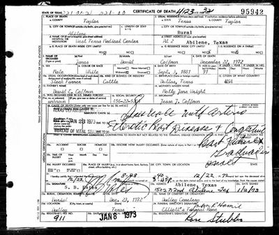 Page no. 95942 of Texas death certificate no. 95942 — Taylor County, filed 8 Jan 1973 (Ancestry coll. 2272) · full resolution 2842 × 2393 px, 22 December 1972