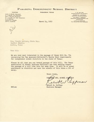 Page 1 of [Letter from Robert W. Coffman to Truett Latimer, March 14, 1955], 14 March 1955