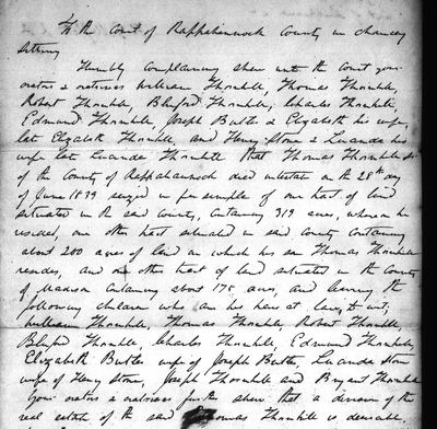 Rappahannock Co. chancery 1839-006, William Thornhill etc. v. Joseph and Bryant Thornhill, bill naming the ten children of Thomas Thornhill Sr. (1839) (crop)