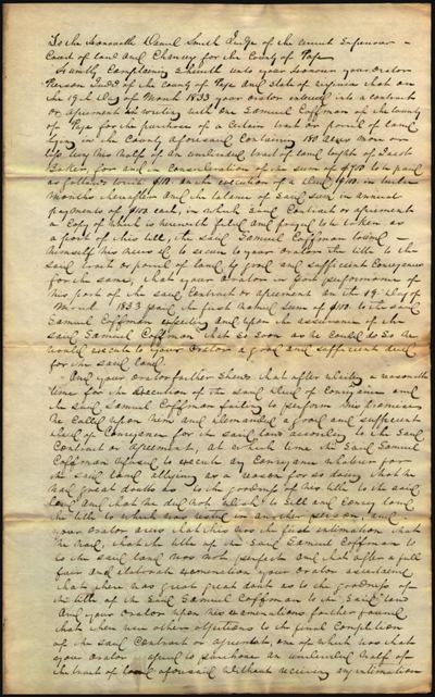 Page chancery 1847-010, Pierson Judd v. David Coffman, admr of Samuel Coffman, bill p.1 (filed Dec 1846)