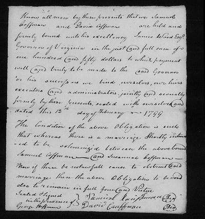 Shenandoah Co., Va., original marriage bond, 12 Feb 1799, Samuel Coffman × Susannah Coffman