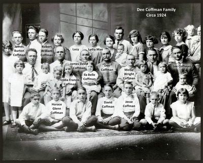 Dee Coffman family, circa 1924 — the group photograph with Ginger Coffman's names written on the faces
