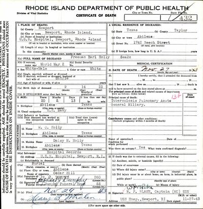 Freeman Earl Holly (son of Daisy Hope Coffman Holley) — Rhode Island death certificate, Newport 1943