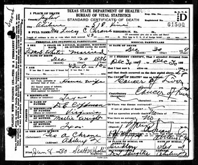 Lucy C. Coffman Chrane (daughter of D. E. Coffman and Mollie Wright; wife of George Albert Chrane) — Texas death certificate, Abilene 1929