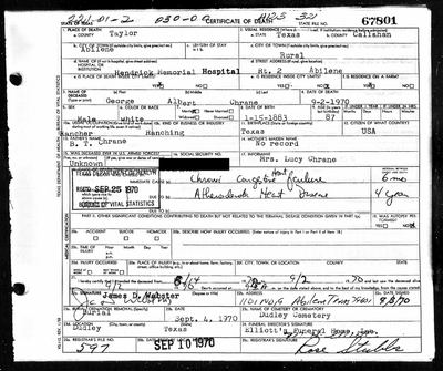 George Albert Chrane (husband of Lucy C. Coffman Chrane) — Texas death certificate, Abilene 1970