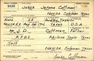Jesse Jerome Coffman — WWII draft registration card, Novice, 1940