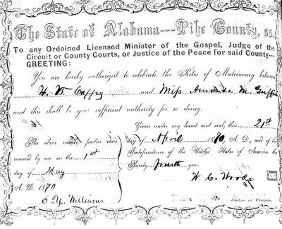 Marriage licence of H. V. Caffey and Amanda M. Griffin, 1 May 1870, Pike County, Alabama