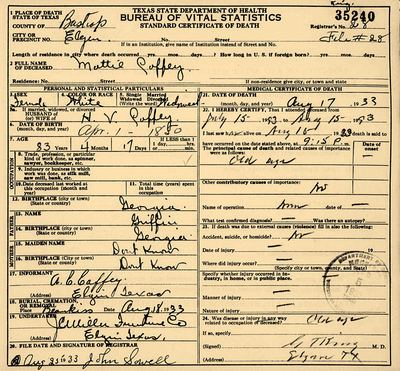 Texas death certificate no. 35240 - Melvina Amanda "Mattie" Griffin (1850-1933)