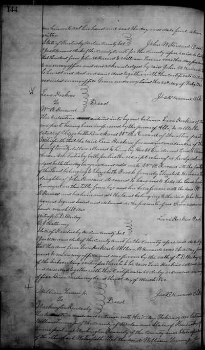 Deed: Levi Hoskins for Elizabeth Brock, formerly Howard, to William R. Howard, 1 Mar 1860, Harlan County, Kentucky