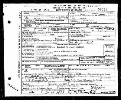 Elsie Lena Kretschmar Peterson — Texas death certificate, 1953
