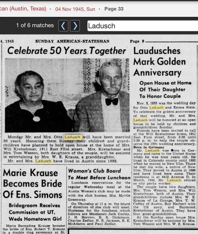 Otto and Emma Ladusch's golden wedding, 4 Nov 1945, Austin American-Statesman