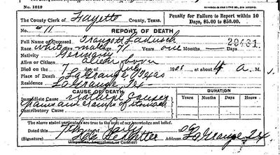 Report of death of Traugott Ladusch, 7 Jul 1906, La Grange, Fayette County, Texas