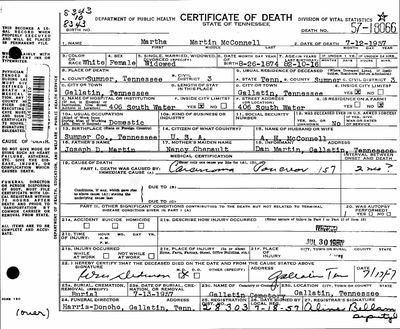 Martha Martin McConnell, daughter of Joseph D. Martin and Nancy Chenault (Earl's 3rd great-grandparents) — Tennessee death certificate, 1957