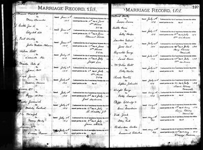 Tennessee, U.S., Marriage Records, 1780-2002 — bound clerk's register, printed heading **"MARRIAGE RECORD, 1818"**, opening pp. 196/197 (Ancestry coll. 1169, record 4572939, image VRMUSATN1780_040401-00127; the collection and film place it in **Davidson County** — the page itself names no county) · full resolution 4644 x 3432 px, 70/70 DeepZoom tiles — page p. 196, fifth entry