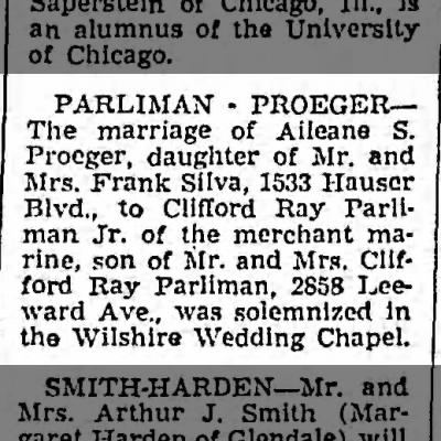 Wedding announcement of Aileane Proeger and Clifford Ray Parliman Jr., 4 Jun 1943, Los Angeles