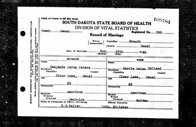 Benjamin Leroy Peters & Gertie Selma Selland — South Dakota Marriage Record, 1925