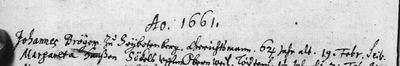 Burial of Johannes Bröger of Seibotenberg, aged 64, 19 February 1661, Michelbach an der Heide