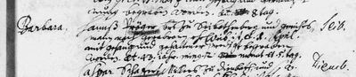 Burial of Barbara, wife of Hanß Pröger of Seibotenberg, 1 April 1696, Michelbach an der Heide