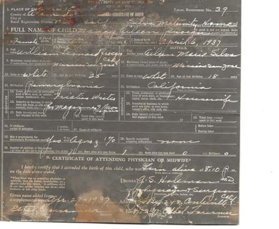 Nancy Aileen Proeger — California Standard Certificate of Birth, Alameda County, 1937