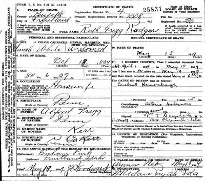 Ruth Gregg Rodgers (daughter of Alfred Gregg and Mary Kerr) — Idaho death certificate, Fruitland 1919