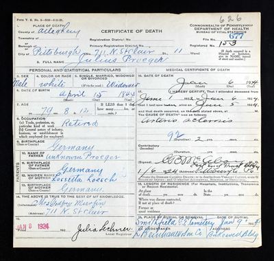 Julius Proeger — Pennsylvania Death Certificate, 1924